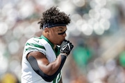 New York Jets running back Braelon Allen (0) before a pre-season NFL football game against the Washington Commanders Saturday, Aug. 10, 2024, in East Rutherford, N.J. (AP Photo/Adam Hunger)