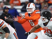 Quarterback Kyle McCord takes a snap during the Syracuse University Spring football game at the JMA Wireless Dome, Syracuse, NY, Saturday April 20, 2024.
(Scott Schild | sschild@syracuse.com)   

