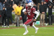 South Carolina quarterback LaNorris Sellers (16) crosses into the end zone for a 36-yard rushing touchdown during the second half of an NCAA college football game against Vanderbilt, on Nov. 11, 2023, in Columbia, S.C.  Sellers, a redshirt freshman, was named the starter this past spring by coach Shane Beamer and will take over for Spencer Rattler, who was the Gamecocks quarterback the past two seasons and now with New Orleans after going in the fifth round of the NFL draft last spring. (AP Photo/Artie Walker Jr.)