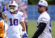 Buffalo Bills wide receiver Khalil Shakir (left) had a banner day against the Pittsburgh Steelers in practice on Thursday. Matt Milano (right) suffered a torn biceps in practice on Tuesday and is out indefinitely. (AP Photos)