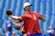 Buffalo Bills quarterback Josh Allen warms up before a preseason NFL football game against the Chicago Bears in Orchard Park, N.Y., Saturday, Aug. 10, 2024. (AP Photo/Adrian Kraus)