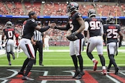 HOUSTON, TEXAS - AUGUST 17: Stefon Diggs #1 of the Houston Texans congratulates Jalen Pitre #5 after a touchdown in the first quarter against the New York Giants during the preseason game at NRG Stadium on August 17, 2024 in Houston, Texas. (Photo by Tim Warner/Getty Images)