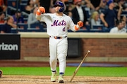 New York Mets' Francisco Alvarez reacts after hitting a walk off home run during the ninth inning of a baseball game against the Baltimore Orioles at Citi Field, Monday, Aug. 19, 2024, in New York. The Mets defeated the Orioles 4-3. (AP Photo/Seth Wenig)