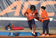 Running back Muwaffaq Parkman. Practices continue for the Syracuse football team at their families Thursday morning April 13, 2023. Dennis Nett | dnett@syracuse.com