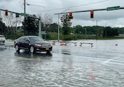 A portion of Hiawatha Boulevard was flooded Thursday, Aug. 19, 2021, after steady rain continued in Central New York.