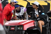 Buffalo Bills wide receiver Marquez Valdes-Scantling (81) is driven off the field during the second half of an NFL preseason football game against the Pittsburgh Steelers, Saturday, Aug. 17, 2024, in Pittsburgh. (AP Photo/David Dermer)