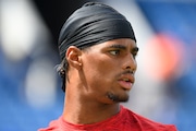 ORCHARD PARK, NEW YORK - AUGUST 10: Keon Coleman #0 of the Buffalo Bills looks on prior to a preseason game against the Chicago Bears at Highmark Stadium on August 10, 2024 in Orchard Park, New York. The Bears won 33-6. (Photo by Rich Barnes/Getty Images)