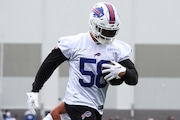 Buffalo Bills linebacker Matt Milano (58) runs a drill during NFL football practice in Orchard Park, N.Y., Tuesday, June 11, 2024. (AP Photo/Jeffrey T. Barnes)