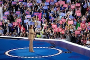 Democratic presidential nominee Vice President Kamala Harris speaks during the Democratic National Convention Monday, Aug. 19, 2024, in Chicago. (AP Photo/Morry Gash)