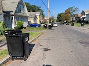 City of Syracuse-issued rolling garbage carts line North Alvord Street on Monday, Aug. 28, 2023, after sanitation workers emptied them earlier in the morning.