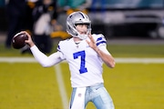 Dallas Cowboys' Ben DiNucci passes during the first half of an NFL football game against the Philadelphia Eagles, Sunday, Nov. 1, 2020, in Philadelphia. (AP Photo/Chris Szagola)