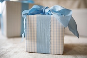 Blue gingham gift with blue ribbon