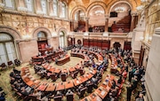 The New York state Senate meets in the Senate Chamber on the opening day of the legislative session at the state Capitol in Albany, N.Y., on Jan. 8, 2020. Earlier this year, the Senate passed a bill that would direct federal funds to cover undocumented immigrants. (AP Photo/Hans Pennink, File)