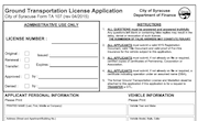 An application for a ground transportation license from the city of Syracuse. (Provided by city of Syracuse)